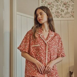 Ullala Red Floral Cottagecore Pajama Top Blouse One Size